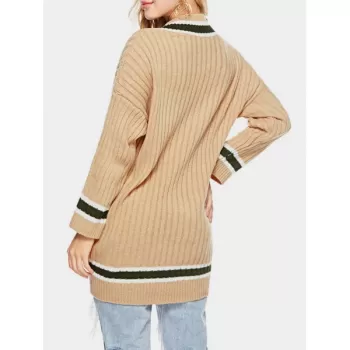 V Neck Longline Striped Sweater - Tan One