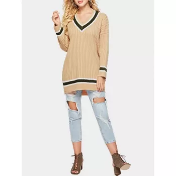 V Neck Longline Striped Sweater - Tan One