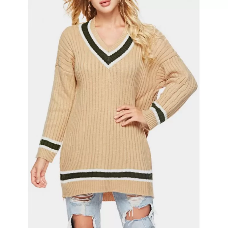 V Neck Longline Striped Sweater - Tan One