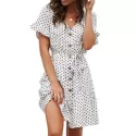 V Neck Polka Dot Button Dress - White