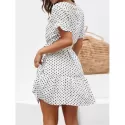 V Neck Polka Dot Button Dress - White