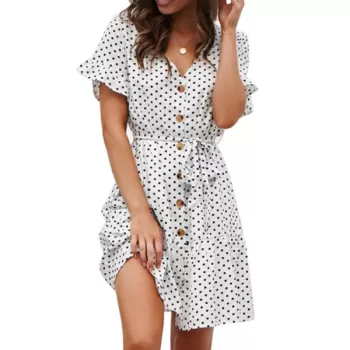 V Neck Polka Dot Button Dress - White
