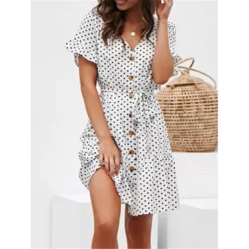 V Neck Polka Dot Button Dress - White