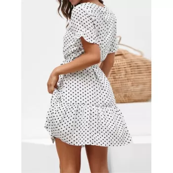 V Neck Polka Dot Button Dress - White