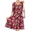 V Neck Split Sleeve Floral Print Dress - Red Wine