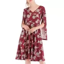 V Neck Split Sleeve Floral Print Dress - Red Wine