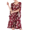 V Neck Split Sleeve Floral Print Dress - Red Wine