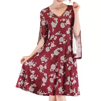 V Neck Split Sleeve Floral Print Dress - Red Wine