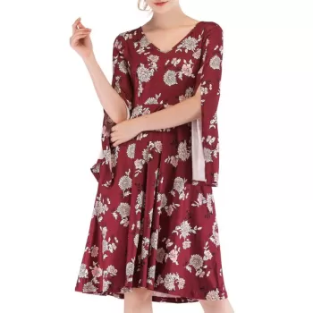 V Neck Split Sleeve Floral Print Dress - Red Wine