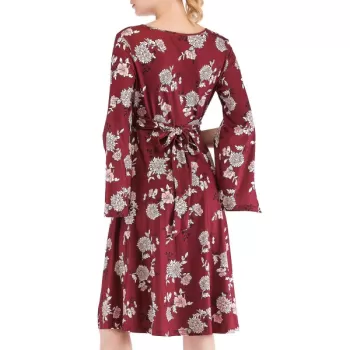 V Neck Split Sleeve Floral Print Dress - Red Wine