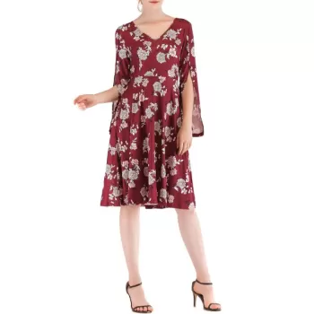 V Neck Split Sleeve Floral Print Dress - Red Wine