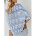 V Neck Striped Cuffed Twist Dolman Top - Sky Blue