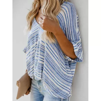 V Neck Striped Cuffed Twist Dolman Top - Sky Blue