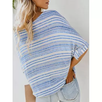V Neck Striped Cuffed Twist Dolman Top - Sky Blue