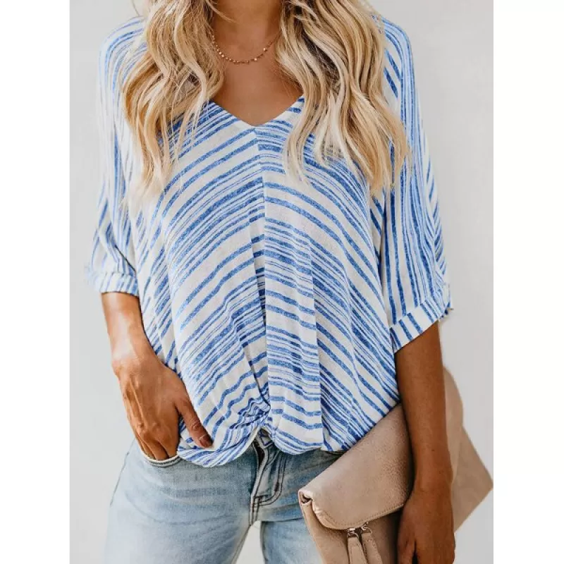 V Neck Striped Cuffed Twist Dolman Top - Sky Blue
