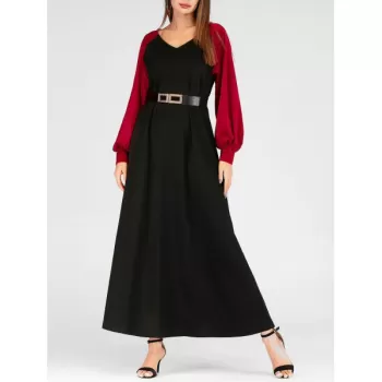 V Neck Velvet Sleeve axi Prom Dress - Black