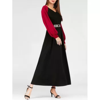 V Neck Velvet Sleeve axi Prom Dress - Black