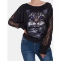 Vampire Cat Dolman leeves Ruched Halloween Tee - Black