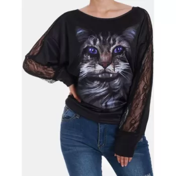 Vampire Cat Dolman leeves Ruched Halloween Tee - Black