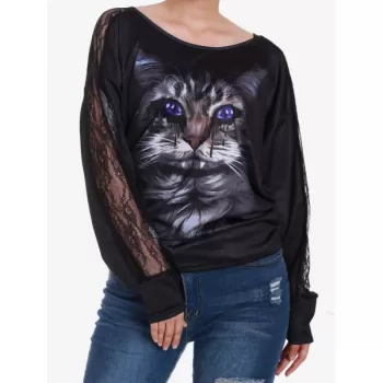 Vampire Cat Dolman leeves Ruched Halloween Tee - Black