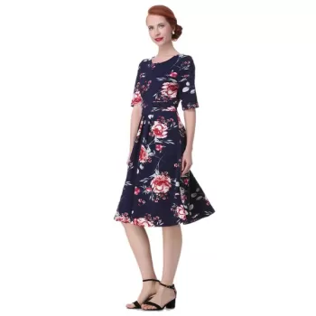 Vintage Backless Floral  Dress - Deep Blue