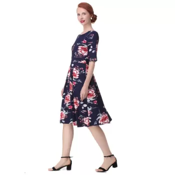 Vintage Backless Floral  Dress - Deep Blue