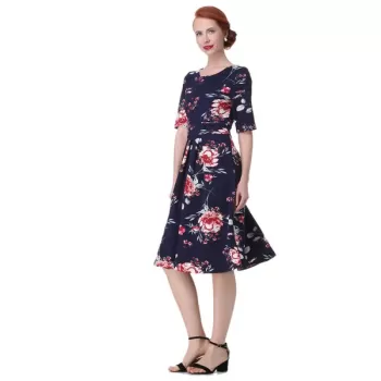 Vintage Backless Floral  Dress - Deep Blue