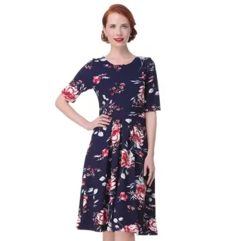 Vintage Backless Floral  Dress - Deep Blue
