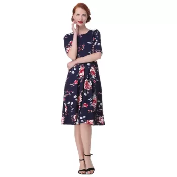 Vintage Backless Floral  Dress - Deep Blue