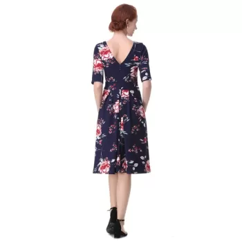 Vintage Backless Floral  Dress - Deep Blue