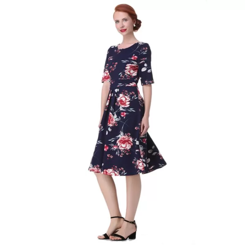 Vintage Backless Floral  Dress - Deep Blue
