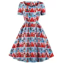 Vintage Christmas Printed Fit and Flare Dress - Lava Red