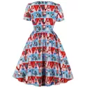 Vintage Christmas Printed Fit and Flare Dress - Lava Red