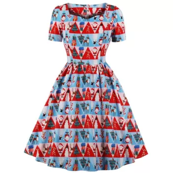 Vintage Christmas Printed Fit and Flare Dress - Lava Red