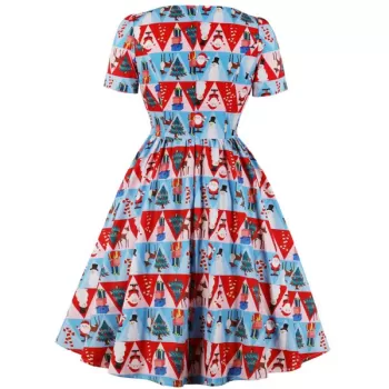 Vintage Christmas Printed Fit and Flare Dress - Lava Red