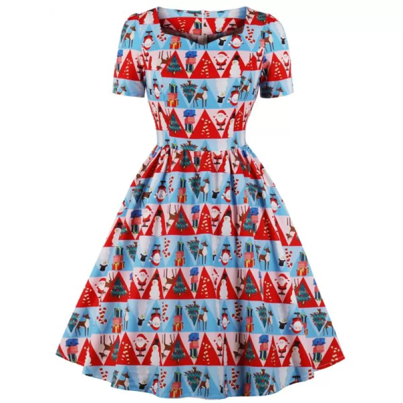 Vintage Christmas Printed Fit and Flare Dress - Lava Red