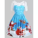 Vintage Christmas anta Claus Print Lace Insert Dress - Blue
