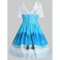 Vintage Christmas anta Claus Print Lace Insert Dress - Blue