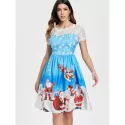 Vintage Christmas anta Claus Print Lace Insert Dress - Blue