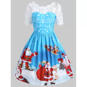 Vintage Christmas anta Claus Print Lace Insert Dress - Blue