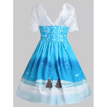 Vintage Christmas anta Claus Print Lace Insert Dress - Blue