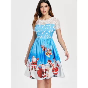 Vintage Christmas anta Claus Print Lace Insert Dress - Blue