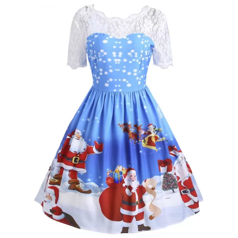 Vintage Christmas anta Claus Print Lace Insert Dress - Blue