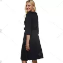 Vintage Half Sleeves Belted Buttoned Swing Dress - Black