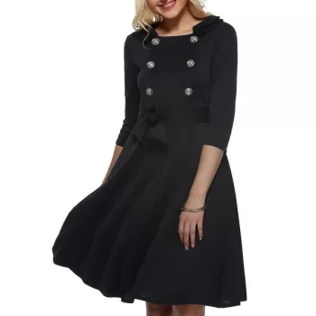 Vintage Half Sleeves Belted Buttoned Swing Dress - Black