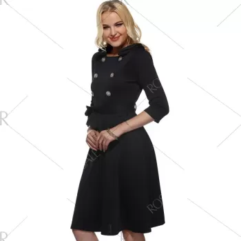 Vintage Half Sleeves Belted Buttoned Swing Dress - Black