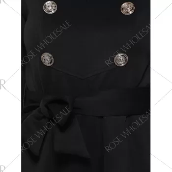Vintage Half Sleeves Belted Buttoned Swing Dress - Black