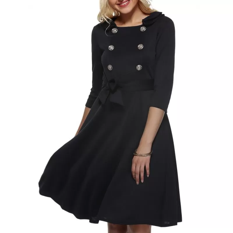 Vintage Half Sleeves Belted Buttoned Swing Dress - Black
