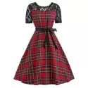 Vintage Lace Insert Plaid Pin Up Dress - Red