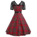 Vintage Lace Insert Plaid Pin Up Dress - Red